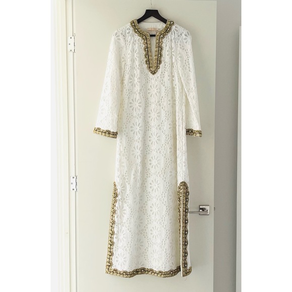 Tory Burch Runway Embellished Lace Caftan Dress 4 Broderie Anglaise 🤍 - Picture 8 of 15